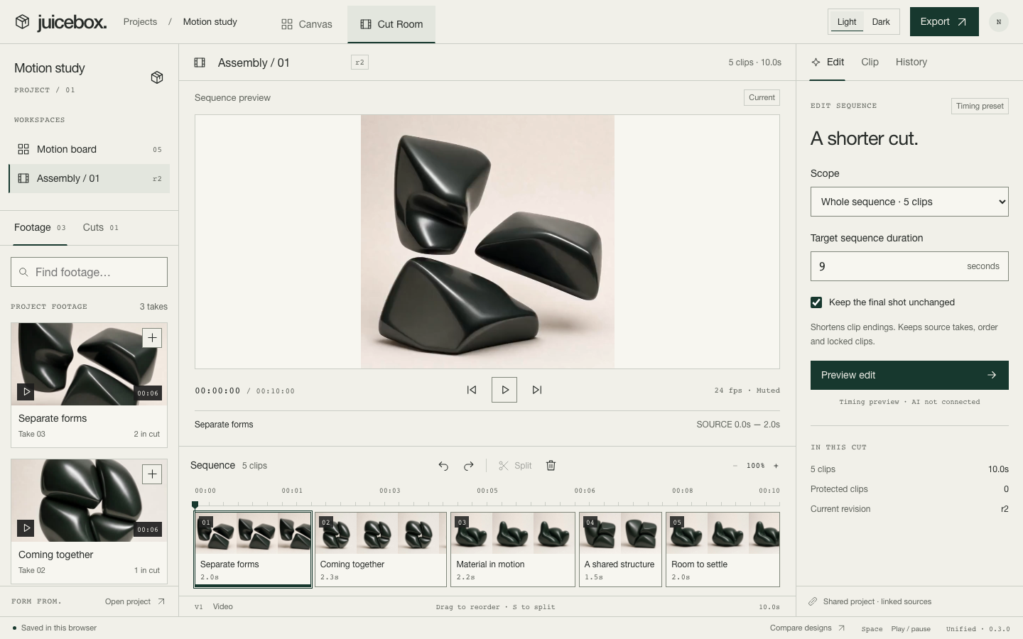 JuiceBox Cut Room. A sculptural image appears in the sequence preview, with source footage to the left, five clips on a timeline and editing controls to the right.